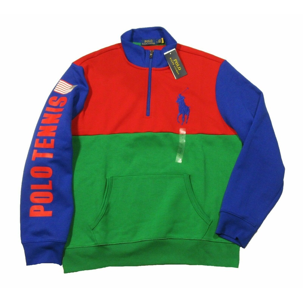 Ralph Lauren POLO TENNIS Red/Blue/Green Block Color 1/4 Zip Sweatshirt Large